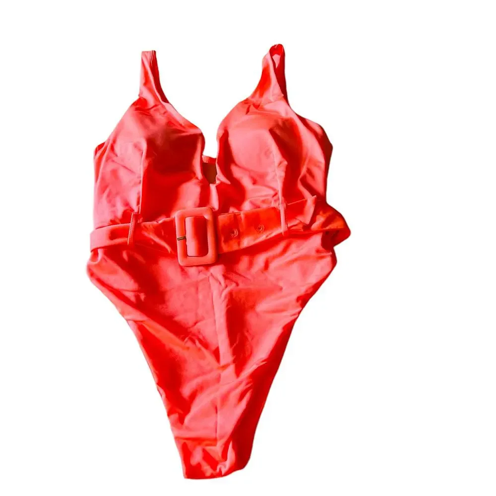 BuffBunny Collection Belted High Waist One Piece Bikini Size Medium NWT Coral